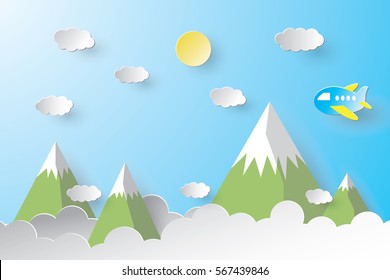 Nature landscape cloud, mountain and plane. paper art style.