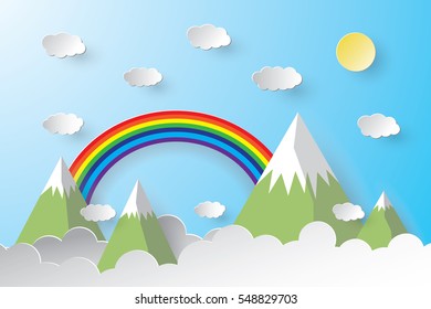 Nature landscape cloud, mountain and sun with rainbow, paper art style.