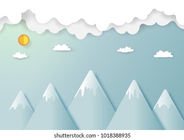 Nature landscape with clouds and mountains background. Paper art of ecology and environment conservation creative idea concept design. Vector illustration.