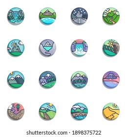 Nature landscape collection, flat icons set, Colorful symbols pack contains - waterfall, snowy mountain landscape, forest trees, meadow, desert sun. Vector illustration. Flat style design