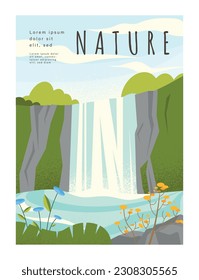 Nature landscape concept. Beautiful natural summer panorama with waterfall. Spring time of year. Bushes and flowers on lake. Poster or banner. Cartoon flat vector illustration