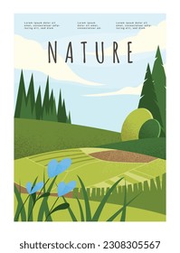 Concepto de paisaje natural. La pradera con flores cerca del bosque. Hermosas vistas de primavera o verano con árboles y arbustos. Plantilla, disposición y burla. Dibujo vectorial plano de dibujos animados