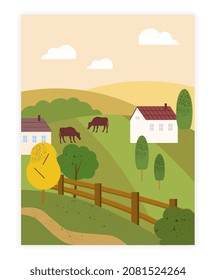 Nature and landscape concept. Organic colorful poster with field, farm, cows and barns. Rural area. Agricultural industry. Design element for wall decoration. Cartoon flat vector illustration