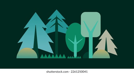 Nature and landscape concept. Picture with beautiful green trees in forest. Spruce, pine, oak and poplar. Environment and flora. Design element for social network. Cartoon gradient vector illustration