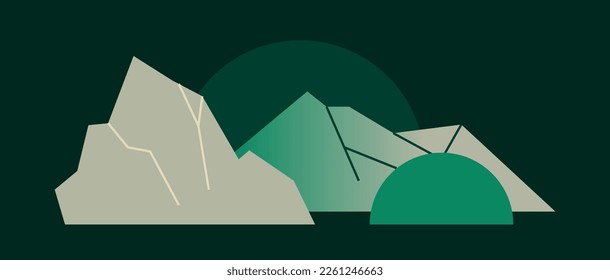 Nature and landscape concept. Picture with high mountains, sharp rocks, cliffs and plants. Environment and wildlife. Design element for postcards and patterns. Cartoon gradient vector illustration