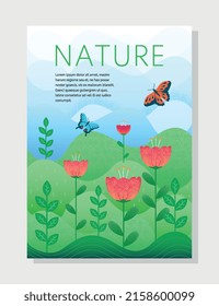 Naturaleza y paisaje. Afiche de primavera con flores, mariposas, hierba verde, clima cálido y plantas florecientes. Diseño para tarjeta. Dibujo vectorial plano de dibujos animados aislado en fondo gris