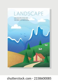 Nature and landscape concept. Summer poster with green fields, village house, mountains and cows. Design for postcards and covers. Cartoon flat vector illustration isolated on gray background