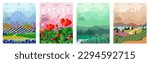Nature and landscape, contemporary artistic poster. Vector illustration of mountains, trees, plants, fields and farms. For prints, for cover or card designs, art decoration, editable work.