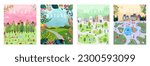 Nature and landscape, contemporary artistic poster. Village, people on vacation at picnic, park, forest and trees. For prints, cover or card designs, art decoration, editable works.