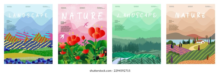 Nature and landscape, contemporary artistic poster. Vector illustration of mountains, trees, plants, fields and farms. For prints, for cover or card designs, art decoration, editable work.