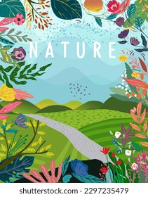 Nature and landscape, contemporary artistic poster. Vector illustration of mountains, trees, plants, fields and farms. For prints, for cover or card designs, art decoration, editable work.