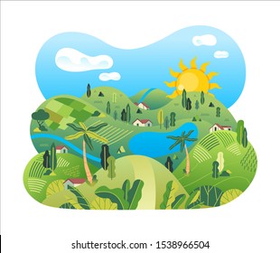 nature landscape of countryside with rice field, houses, lake, trees and beautiful scenery vector illustration with white background. beautiful scenery of country side in sunny day, flat design vector