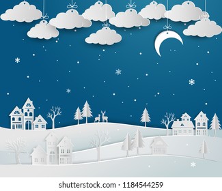 Nature landscape with countryside in winter season,abstract blue night background on paper art design