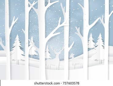 Nature landscape and couple deer on snow winter background.For merry christmas and happy new year paper art style.Vector illustration.