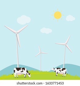 Nature landscape with cows and turbine wind vector illustration.Animal with meadow and mountains in summer.Rural scene ecology concept