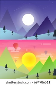 Nature landscape with day and night,sunset,moon light vector illustration-flat design