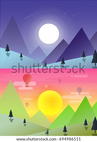 Nature landscape with day and night,sunset,moon light vector illustration-flat design