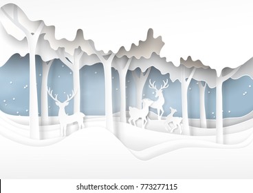 Nature landscape and deers family on snow winter background.For merry christmas and happy new year paper art style.Vector illustration.