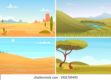 Nature Landscape. Desert Safari Park, Agriculture Plantation. Eco Tourism, Travel Or Adventures Vector Background