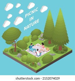 Nature landscape design concept with picnic symbols isometric vector illustration