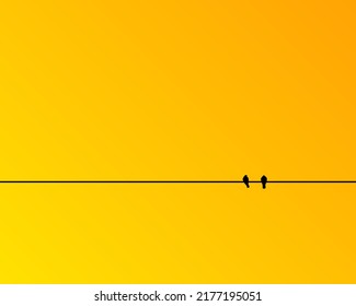 Nature Landscape Design Concept Of Two Birds Sitting On A Wire Silhouette Isolated On Yellow Background - Vector Illustration 