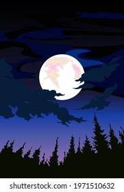 Nature Landscape design with dark moon light, clouds and trees - vector illustration