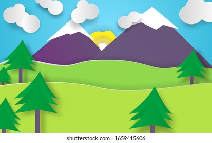 Nature landscape design with Sun, mountain, tree, and cloud. Paper art style 