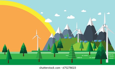Nature landscape and eco friendly concept flat design.Environment and ecological conservation conceptual.Vector illustration.