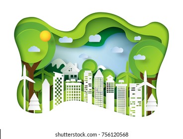 Nature landscape and eco friendly concept.Green city for environment conservation conceptual design paper art style.Vector illustration.