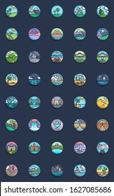 Nature landscape elements collection, flat icons set, Colorful symbols pack contains - forest trees, mountains, sea, cloudscape, country highway road, forest. Vector illustration. Flat style design