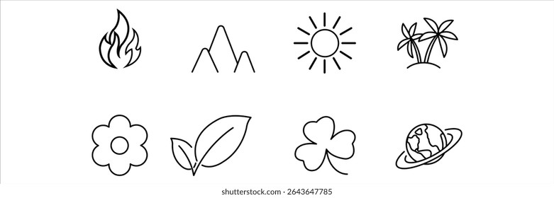 Nature landscape elements and environment concept simple linear style icon vector illustration for green outdoor natural world scene design.