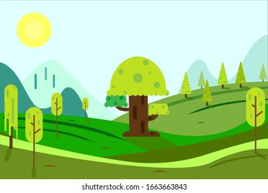 Nature landscape with elements of mountains, trees and the sun