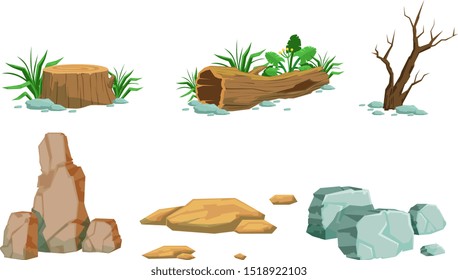 Nature Landscape Elements Set, Green and Dead Trees Vector Illustration