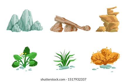 Nature Landscape Elements Set, Stones, Autumn Tree, Plant, Grass Vector Illustration