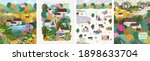 Nature, landscape, family and people. Vector illustration of a house, lake, field, view, village, tree and flowers. Drawings for poster, background or pattern