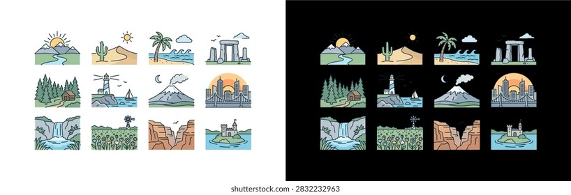 Nature landscape and famous landmarks vector icon set featuring sunrise over mountains, desert dunes, tropical beach, stonehenge, forest cabin, lighthouse, volcano, city skyline, waterfall, canyon, and island castle.