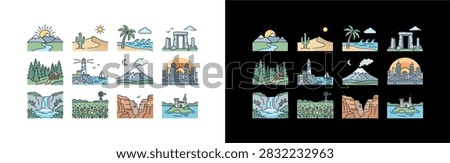 Nature landscape and famous landmarks vector icon set featuring sunrise over mountains, desert dunes, tropical beach, stonehenge, forest cabin, lighthouse, volcano, city skyline, waterfall, canyon, and island castle.