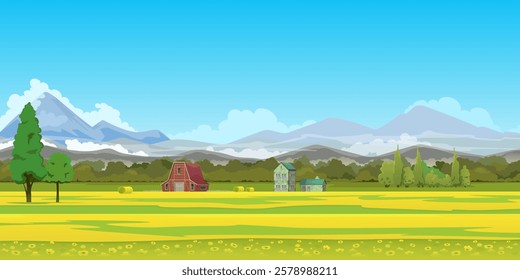 Nature and landscape. Farm in the field, blooming meadow, forest and mountain range on the horizon. Wooden farm, brick house, meadow for pasture with haystack, panoramic view. Vector cartoon