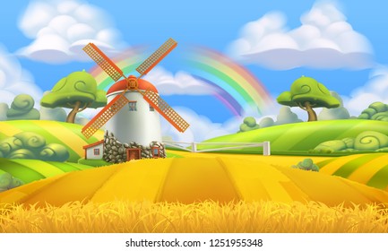 Nature landscape. Farm and mill. 3d vector background