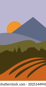 Nature landscape with field, forest, hills, mountain and sun at sunset or sunrise, Vertical background made of abstract shapes of different colors, Vector illustration