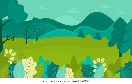 Nature landscape field and forest in spring time. Summer season mountain countryside. Travel natural grass meadow. Vector illustration tourism scenic park. Mountain countryside horizon.