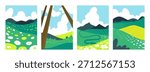 Nature landscape. Field spring. Summer season. Scenery plantation with blue sky clouds. Meadow booms. Rice area. Forest trees. Abstract flat texture background. Green hills. Vector garish posters set