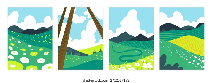 Paisagem da natureza. Mola do campo. Temporada de verão. Plantação de cenário com nuvens de céu azul. Boias dos prados. Área de arroz. Árvores florestais. Fundo de textura plana abstrato. Colinas verdes. Conjunto de cartazes de jardinagem vetorialName