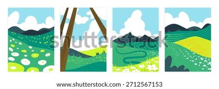 Nature landscape. Field spring. Summer season. Scenery plantation with blue sky clouds. Meadow booms. Rice area. Forest trees. Abstract flat texture background. Green hills. Vector garish posters set