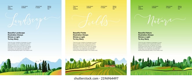 Nature, landscape and fields illustration. Vector illustration of trees, forest, mountains, flowers, plants, houses, fields, farms and villages. Picture for background, card or cover. Renewable energy