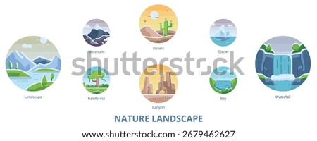 Nature Landscape Flat Banner Web Icon Set Vector Illustration, Landscape Mountain Desert Waterfall Canyon Glacier Rainforest Baya