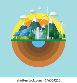 Nature landscape flat design.Eco friendly and renewable energy environment conservation for green city.Vector illustration.