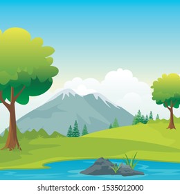 Nature landscape with flat design, simple and adorable scenery landscape, suitable for background, cover, and other