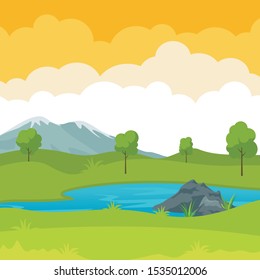 Nature landscape with flat design, simple and adorable scenery landscape, suitable for background, cover, and other