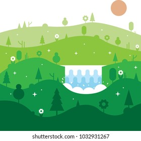 Nature landscape flat design. Summer nature travel with Mountains and Waterfall, Vector illustration EPS10.